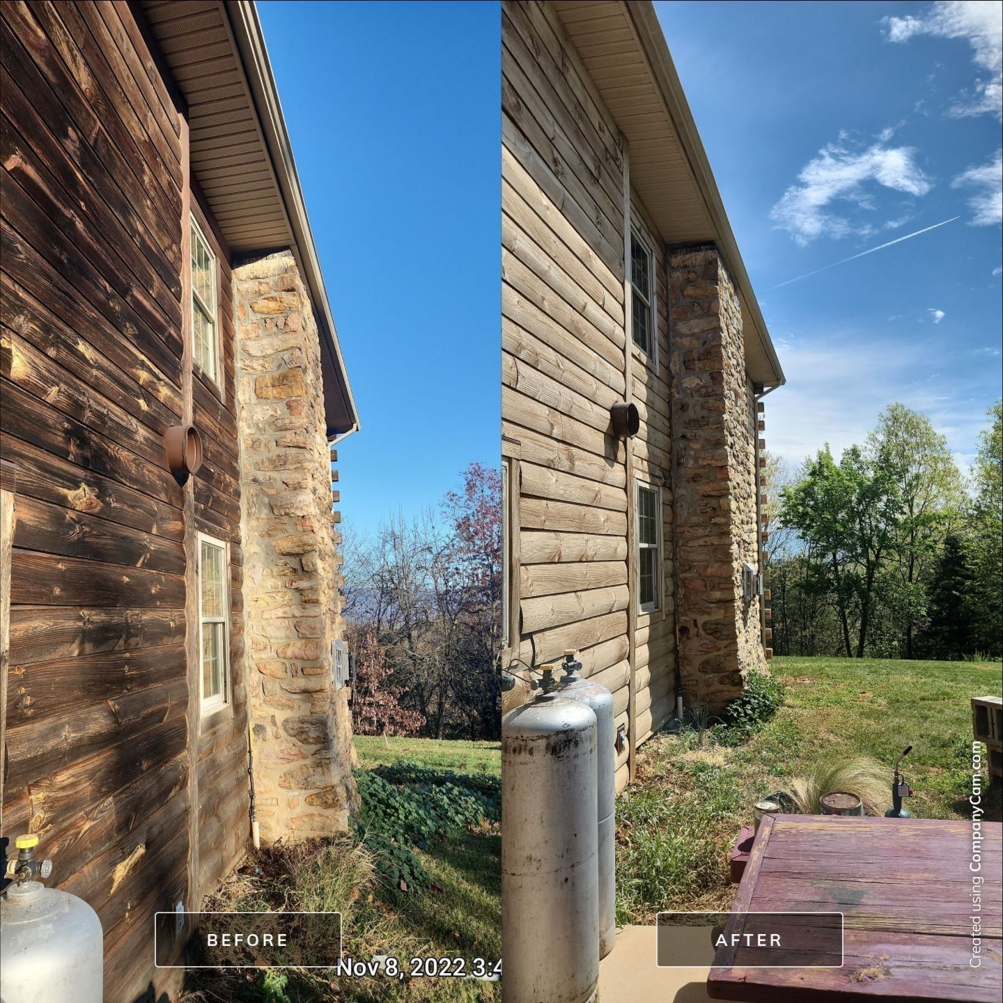 Comparison of a wooden house side before and after cleaning; showing lighter, cleaner wood in the after photo.