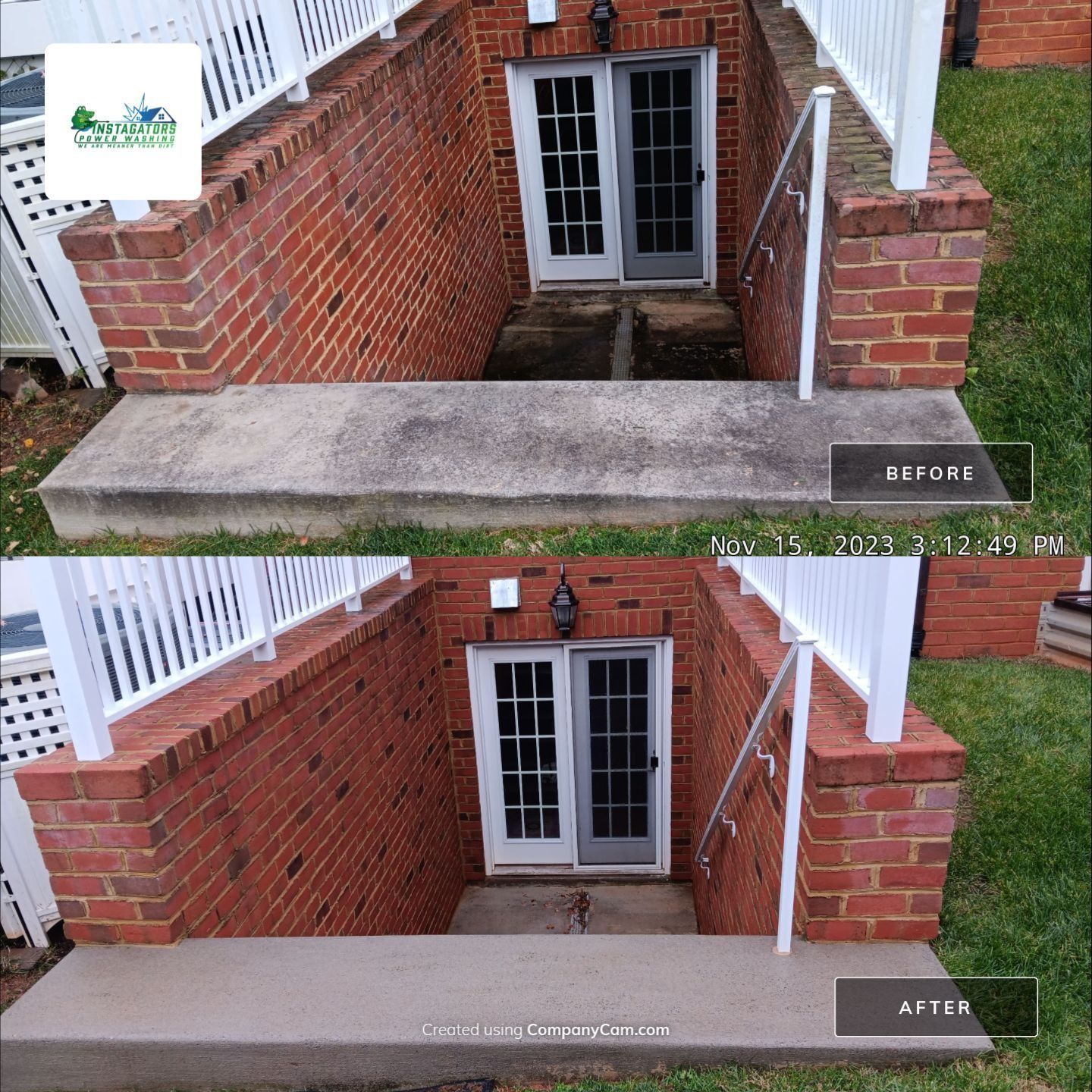 Comparison of before and after pressure washing: a concrete basement entrance cleaned.