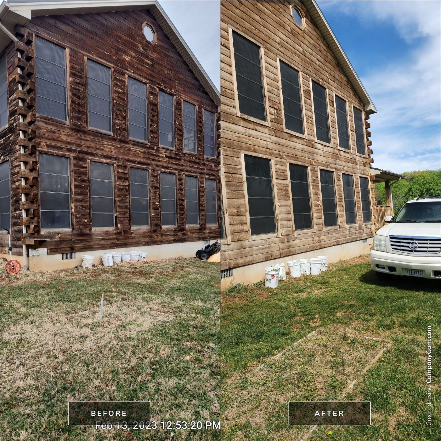 Comparison: A before-and-after of a two-story log house. The 