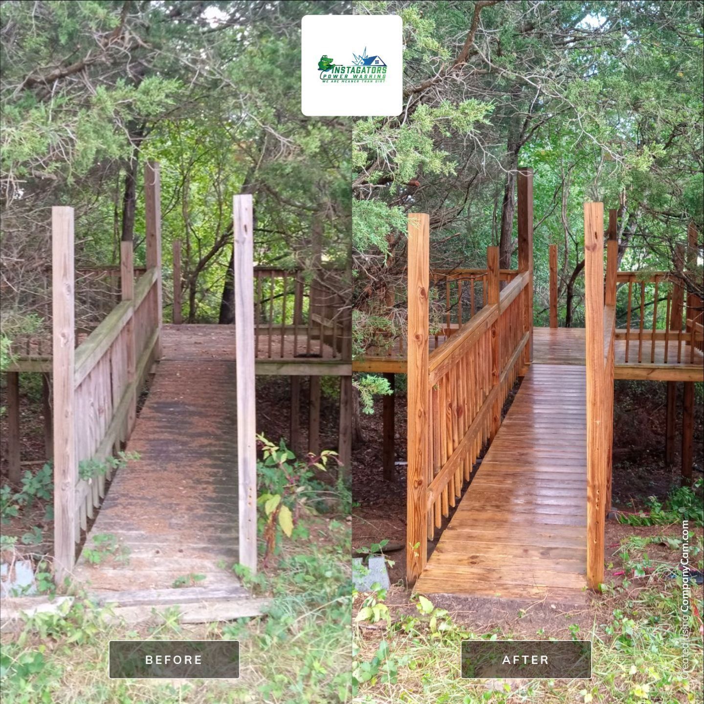 Before-and-after of a wooden bridge: weathered and gray (before), stained brown and repaired (after). Set in a wooded area.