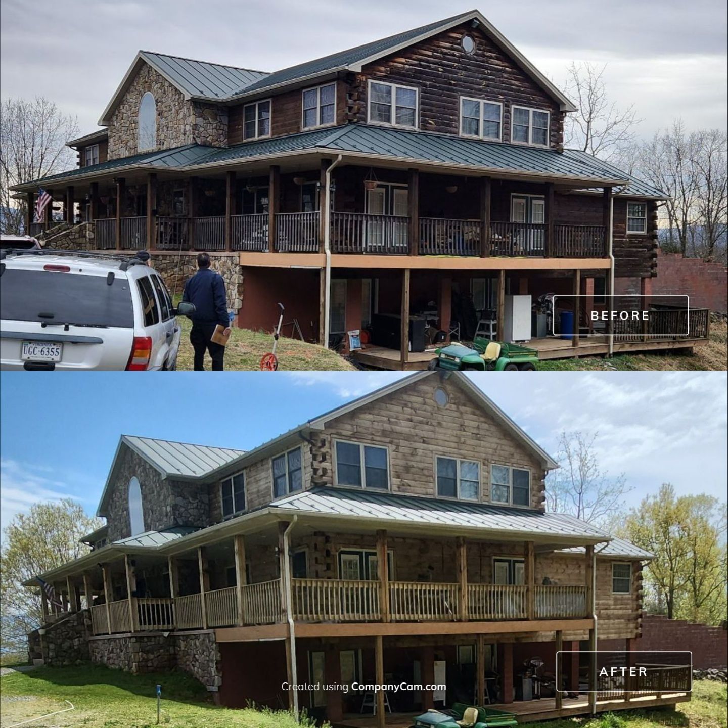 Before/after of a two-story house with stone and wood siding. Exterior painted brown to light tan. Green roof.