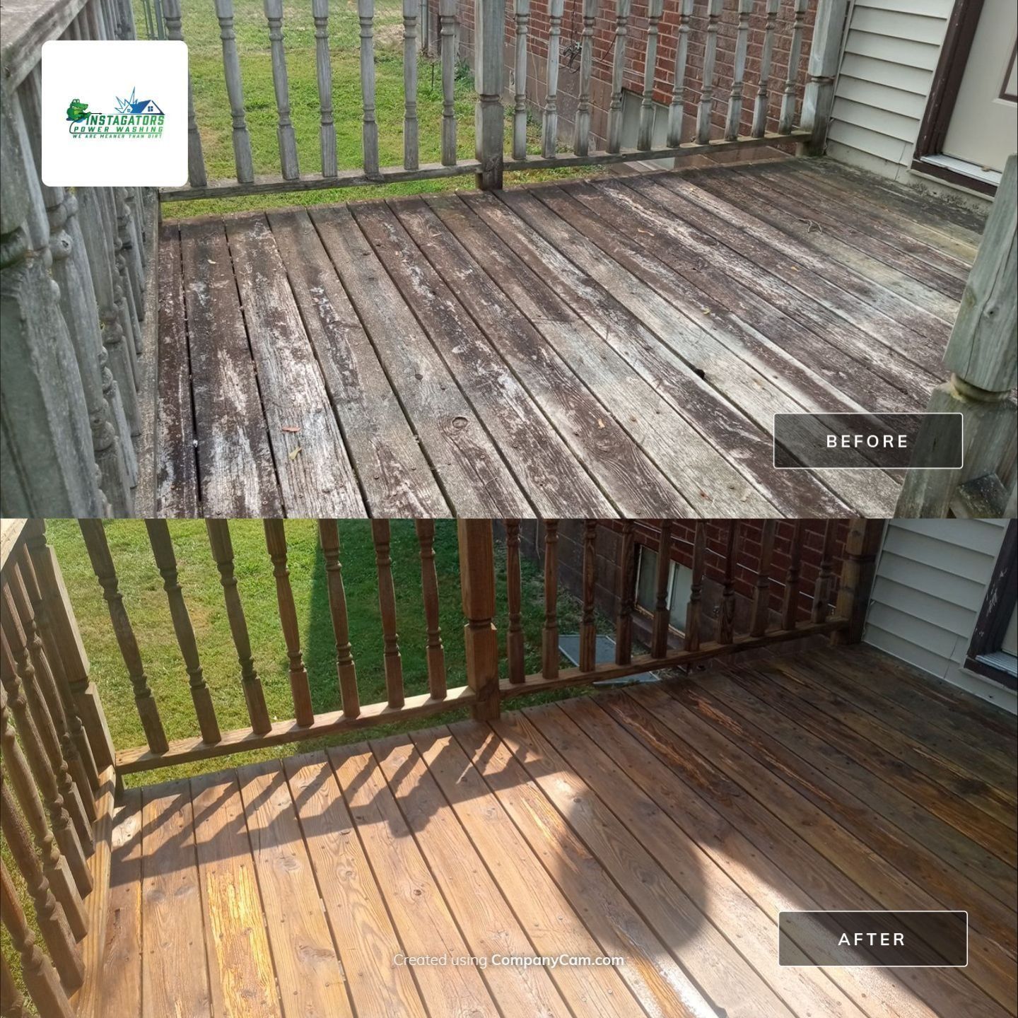 Before-and-after of a deck restoration, showing weathered wooden deck transformed to a clean, stained deck.