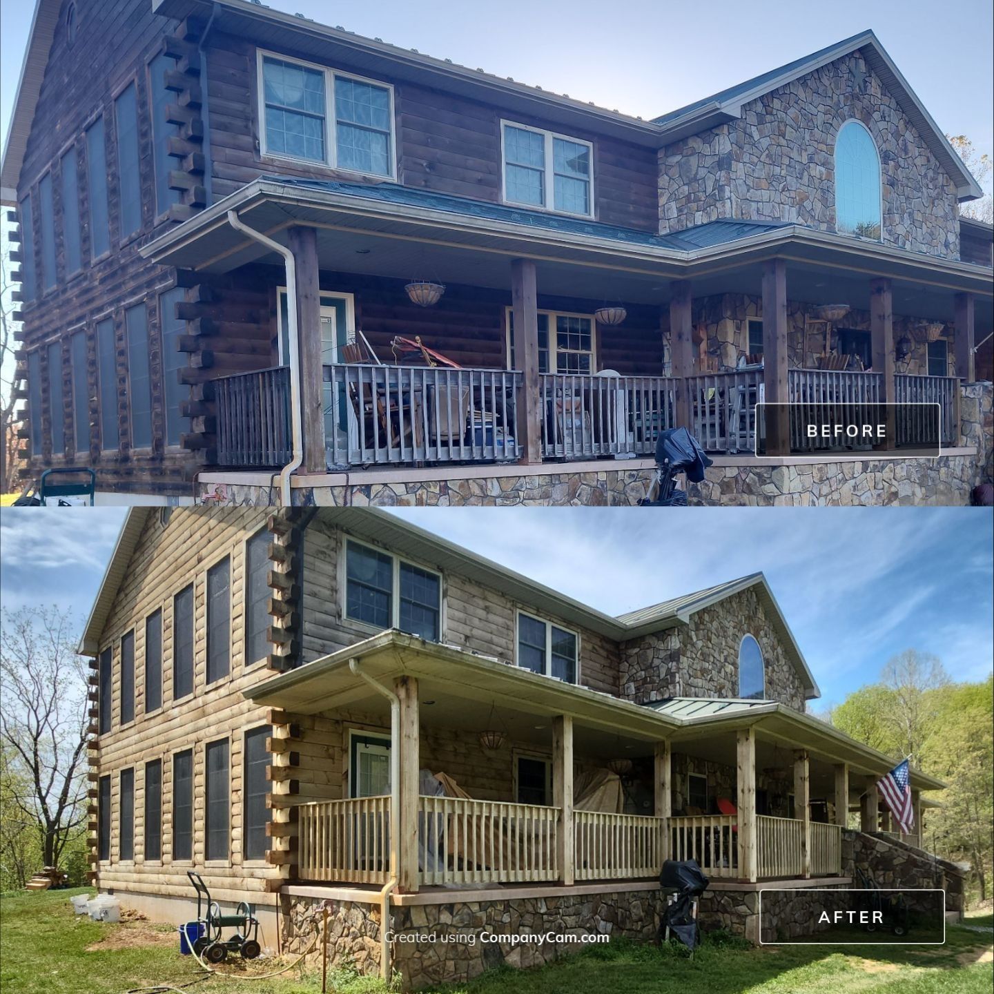 Comparison of a two-story house before and after a makeover; new siding and fresh paint.