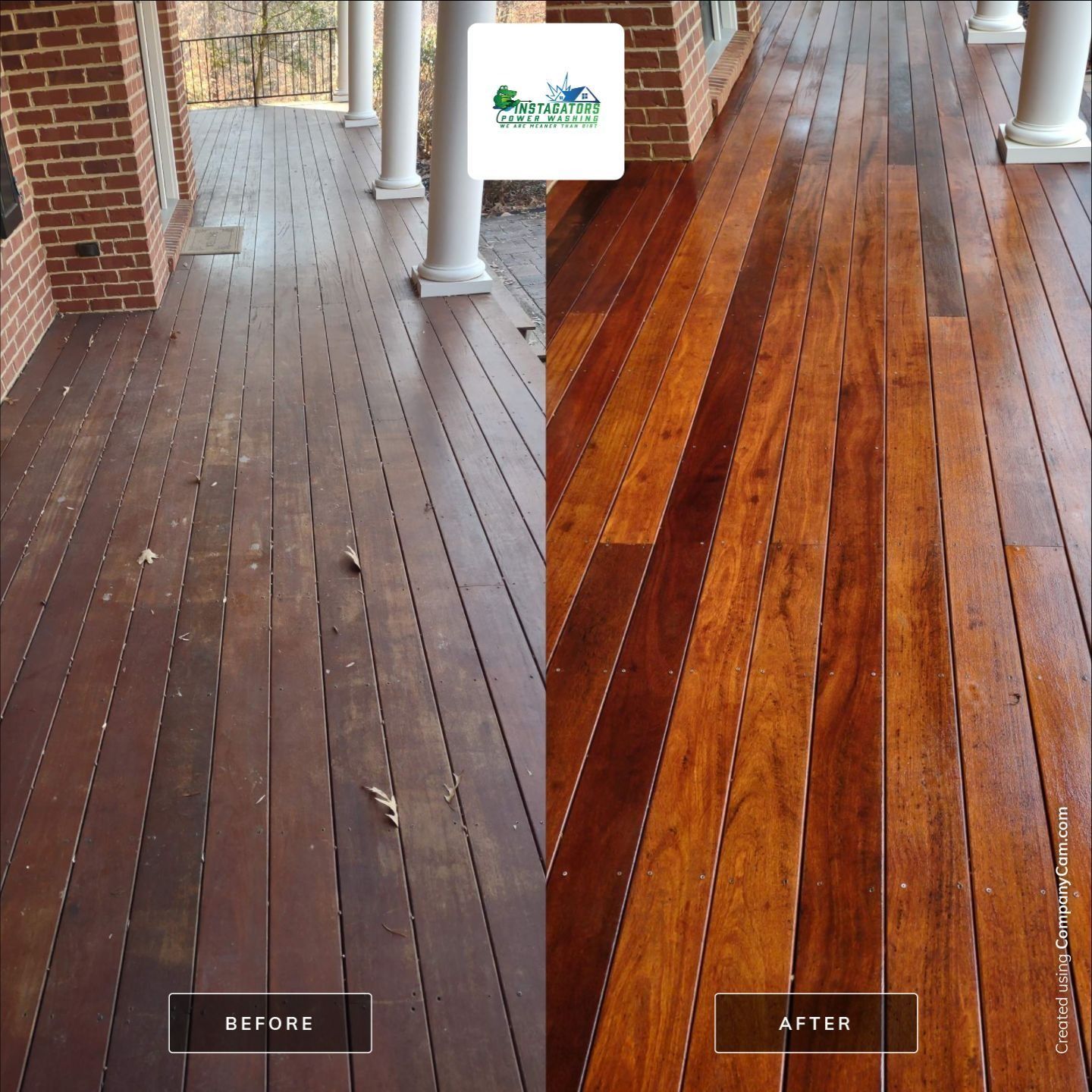 Before and after of a wooden deck; left side dull and aged, right side stained and vibrant.