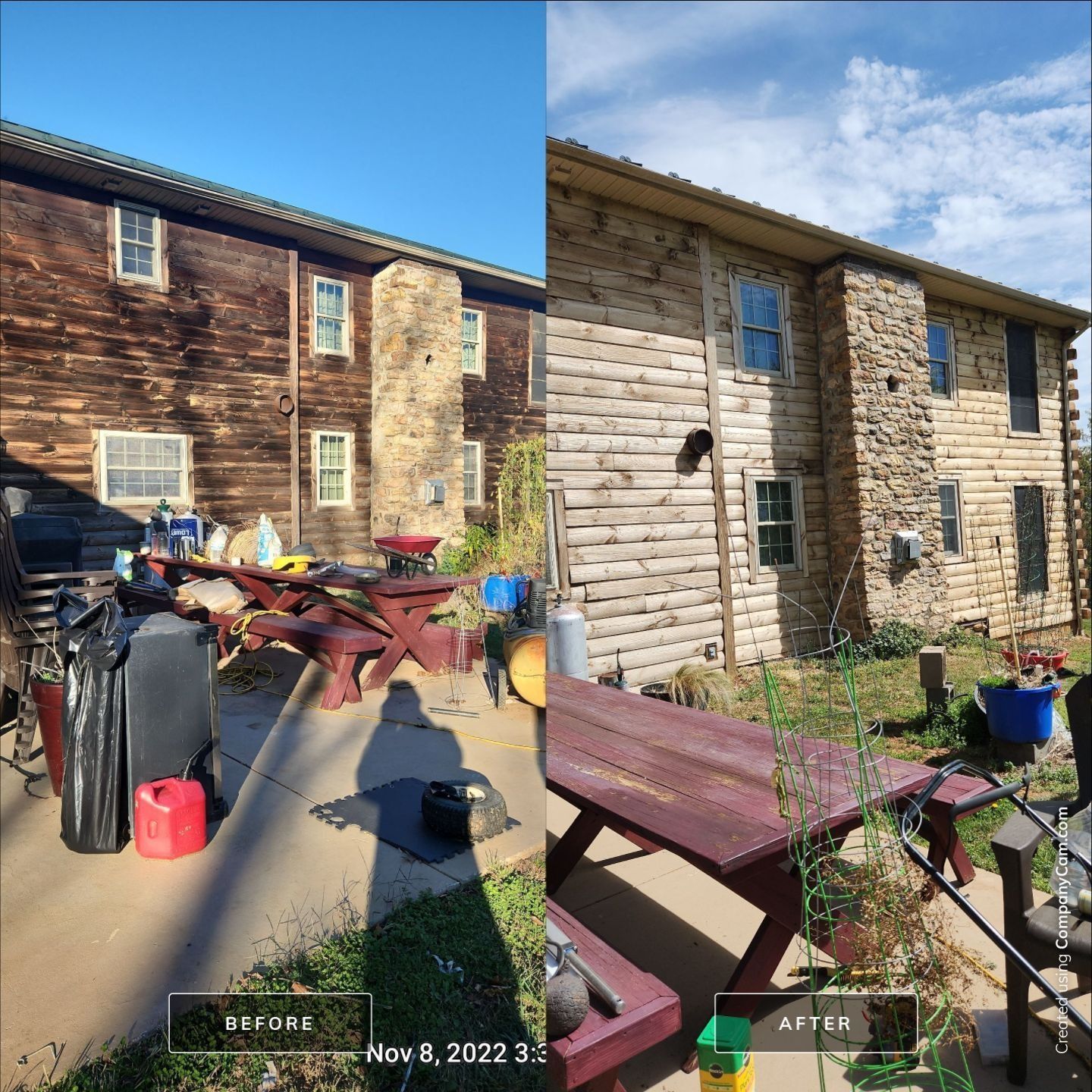 Before and after exterior cleaning of a two-story building. Dark wood to light stone and a clear blue sky.