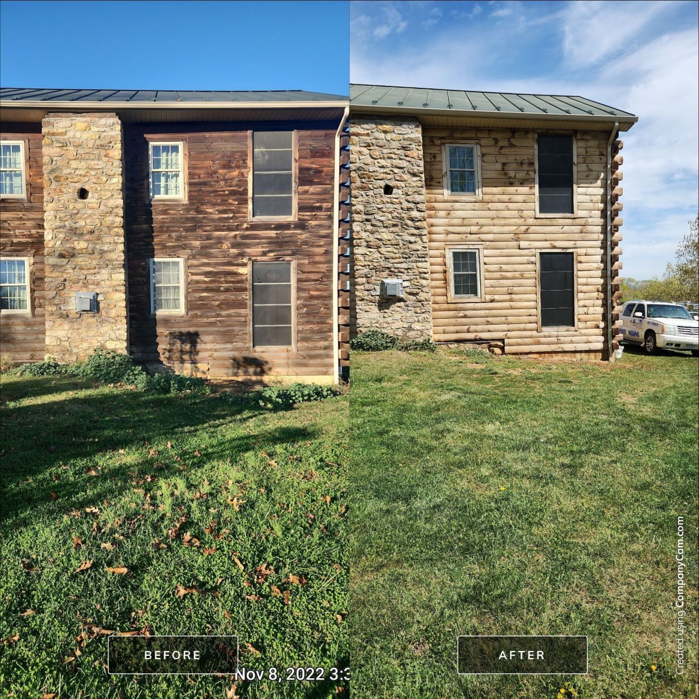 Before/after comparison of a two-story house with stone and wood siding, grass, blue sky. Left is dark wood, right is lighter.
