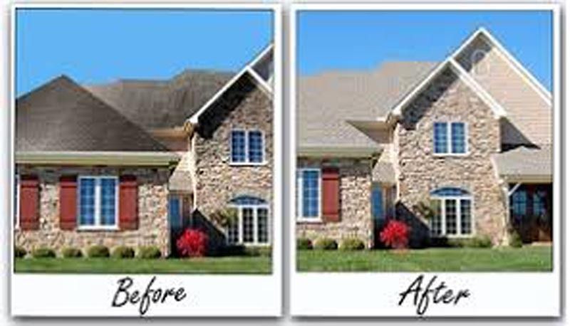 Before and after comparison of a house; dirty roof cleaned to reveal new color.