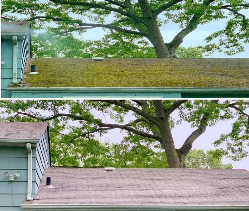 Before and after of a roof cleaning; mossy green roof cleaned to reveal brown shingles.