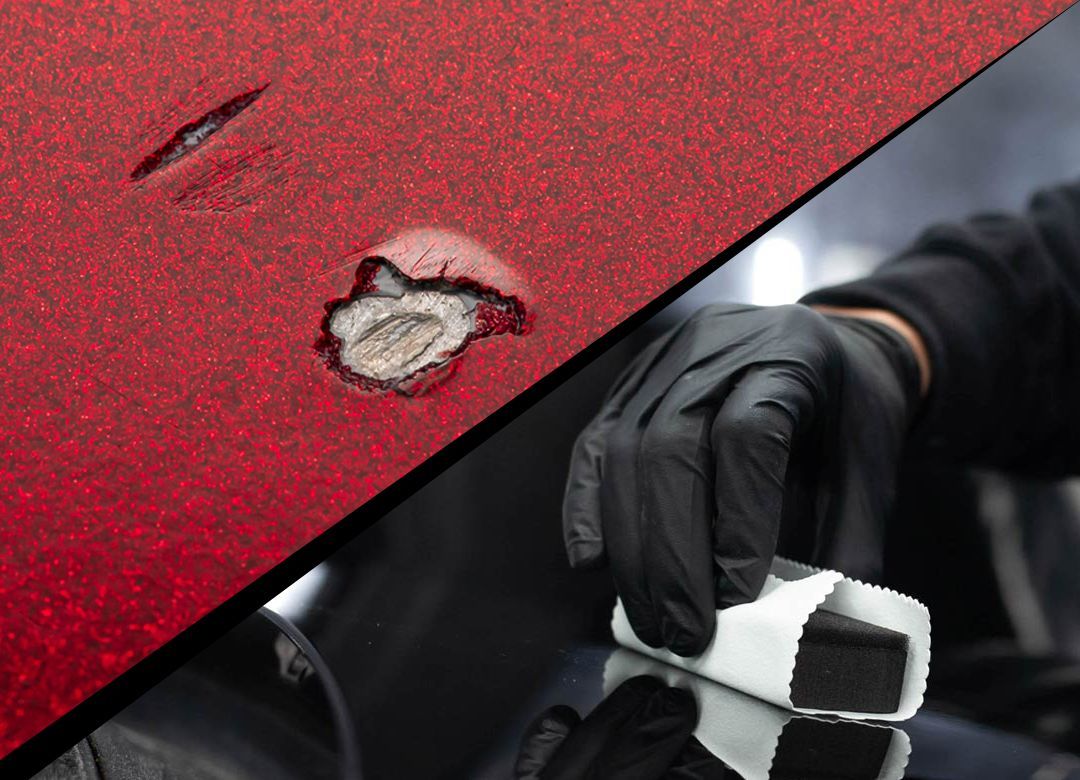 Damaged red car paint close up, contrasted with a person applying sealant with a black glove.