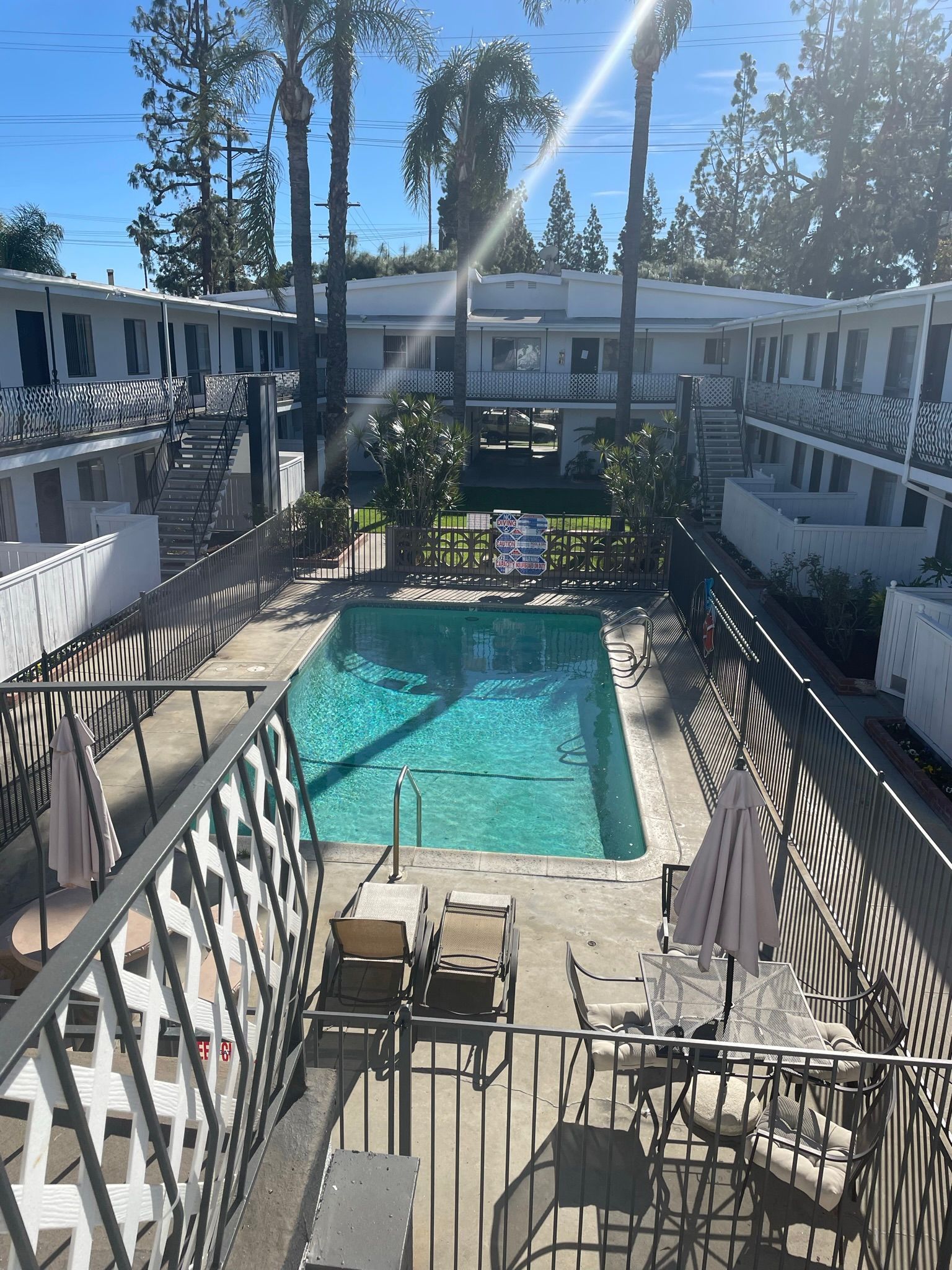 Pool surrounded by white apartment buildings and a black metal fence. Sunlight reflects on the water.
