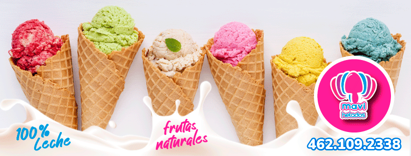 Seis cucuruchos de helado de diferentes sabores, salpicaduras de leche blanca, un logotipo y un número de teléfono sobre fondo blanco.