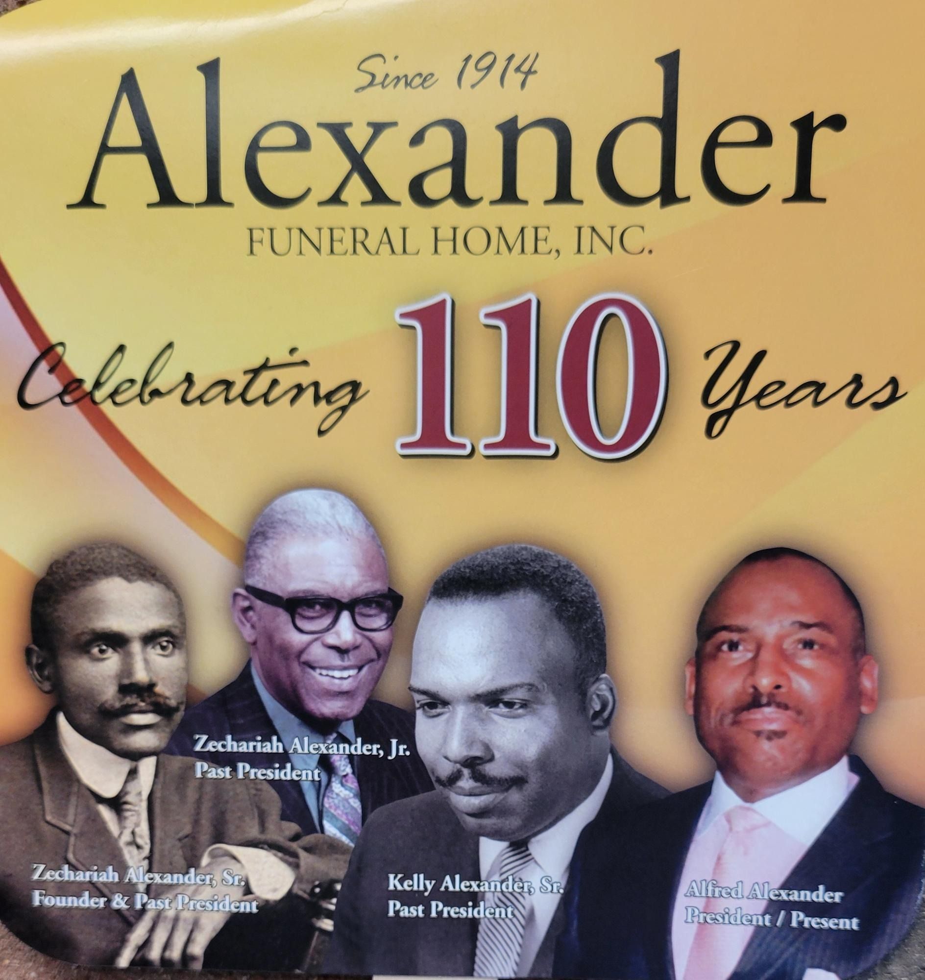 Alexander Funeral Home celebrating 110 years, featuring photos of past and present presidents, and the founder.