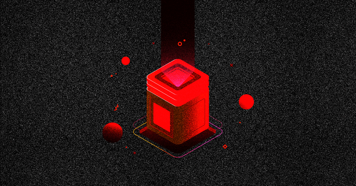 A red cube is glowing in the dark on a black background.