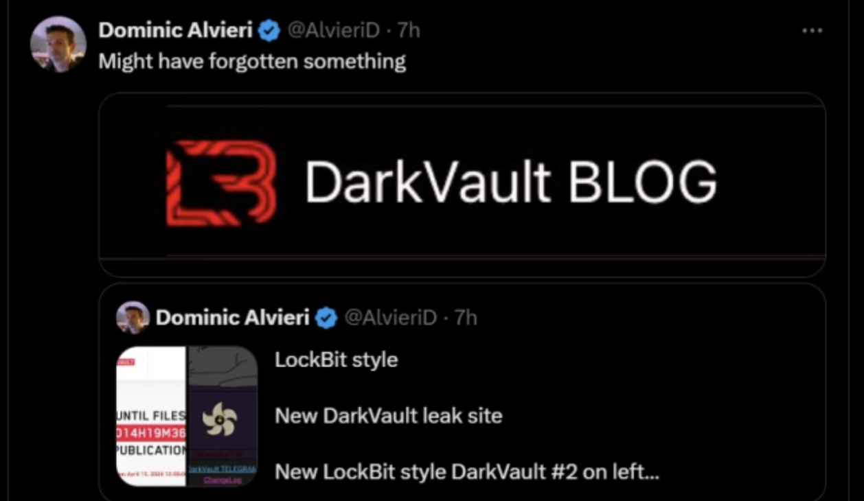 A screenshot of a tweet from darkvault blog