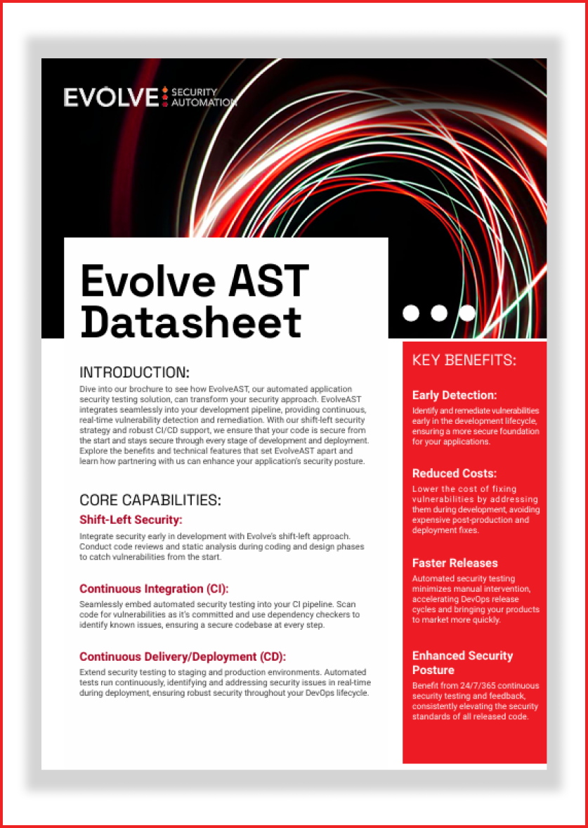 A white and red brochure with the words `` evolve ast datasheet '' on it.