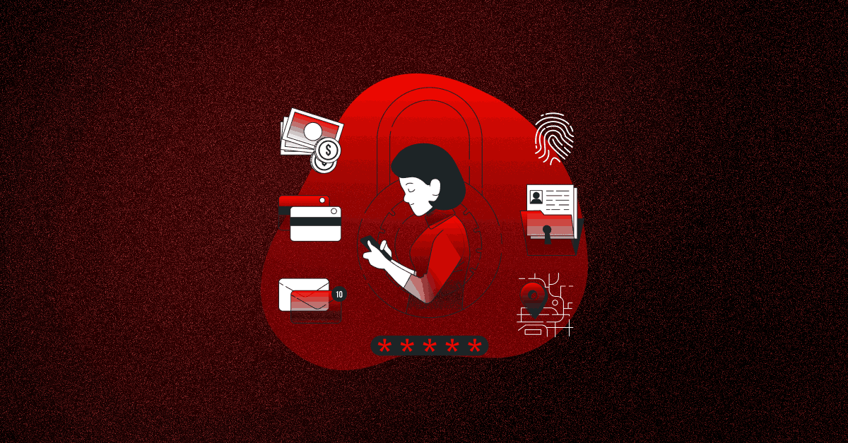 An illustration of a person using a cell phone on a red background.