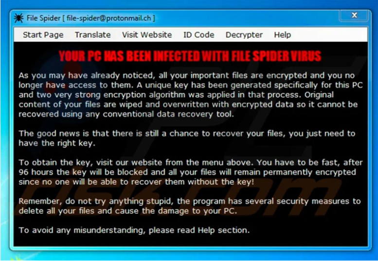 A computer screen that says your pc has been infected with file spider virus