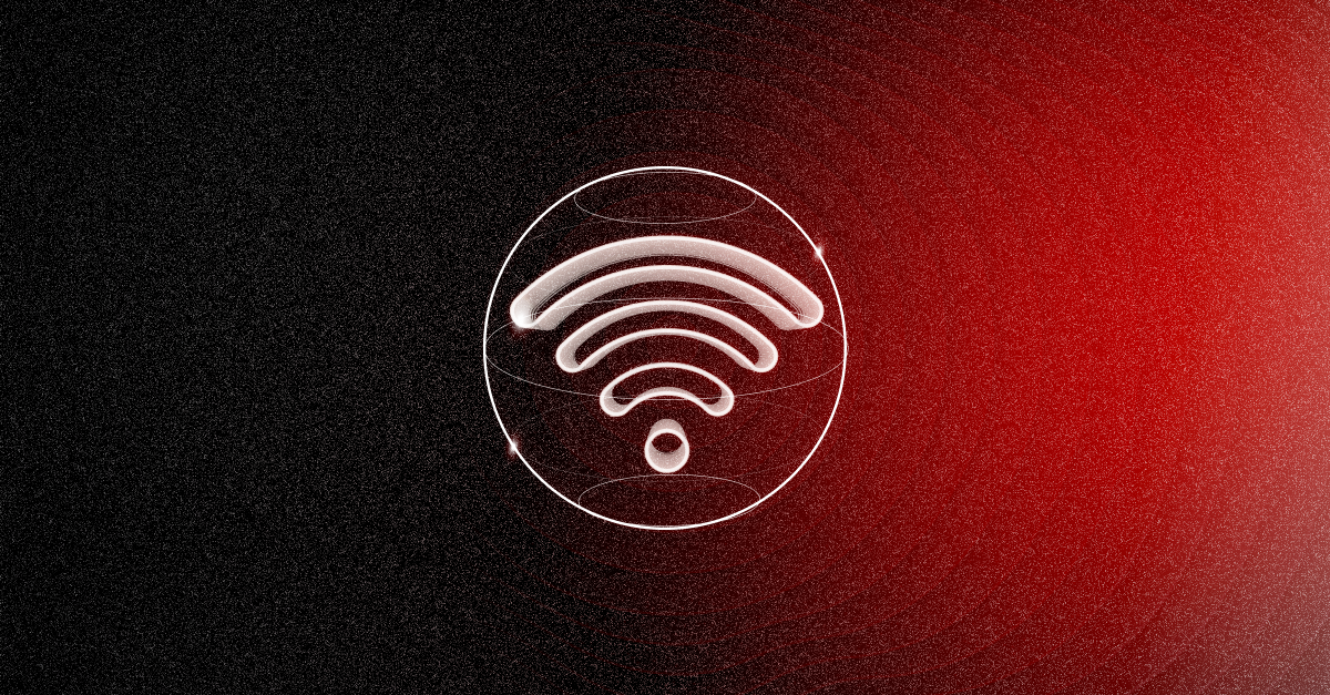 A white wifi icon in a circle on a black and red background.