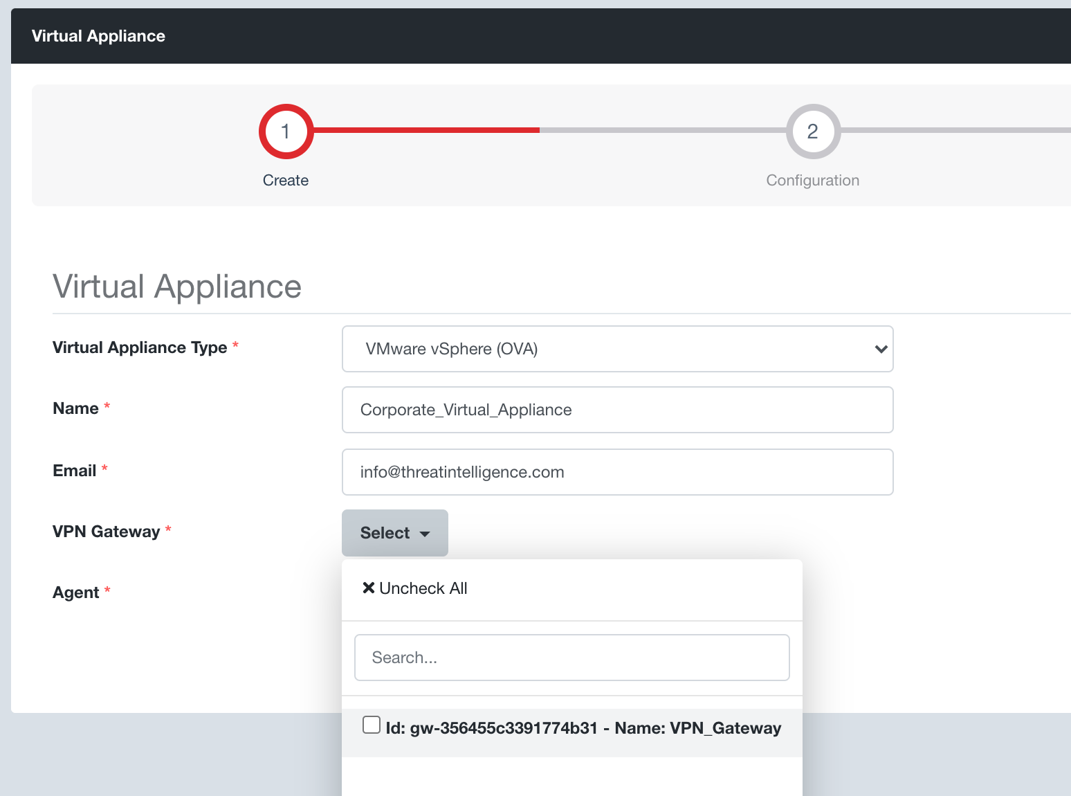 A screenshot of a virtual appliance registration page of Evolve Security Platform.