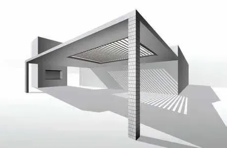 A black and white drawing of a building with a pergola.