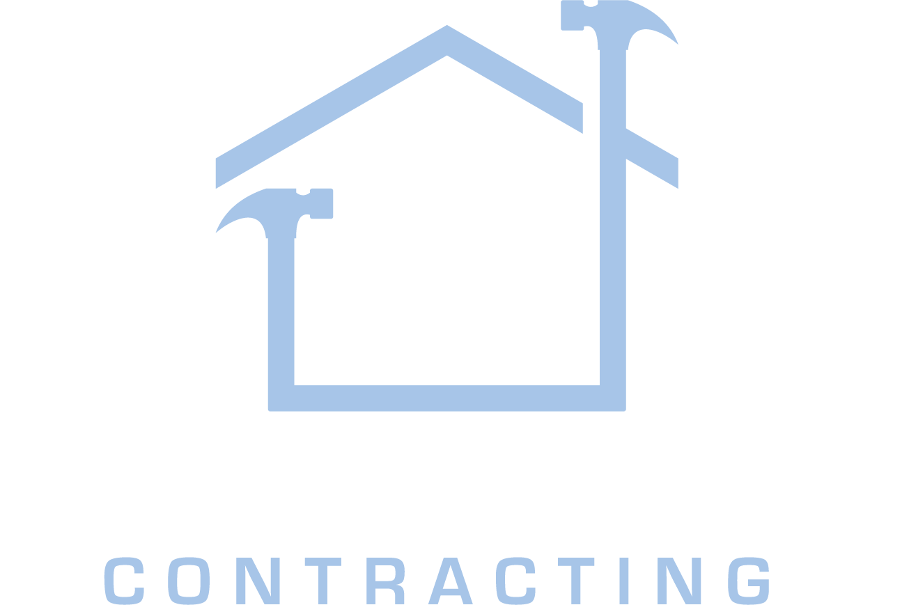 A blue logo for a construction company with a house and two hammers.