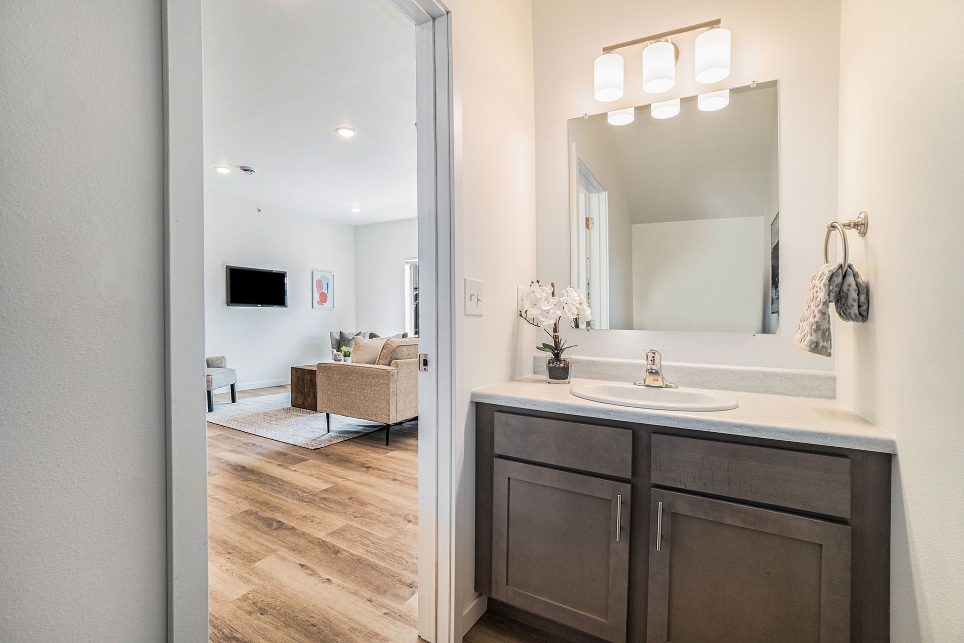 A bathroom with a sink , mirror , cabinets and hardwood floors.