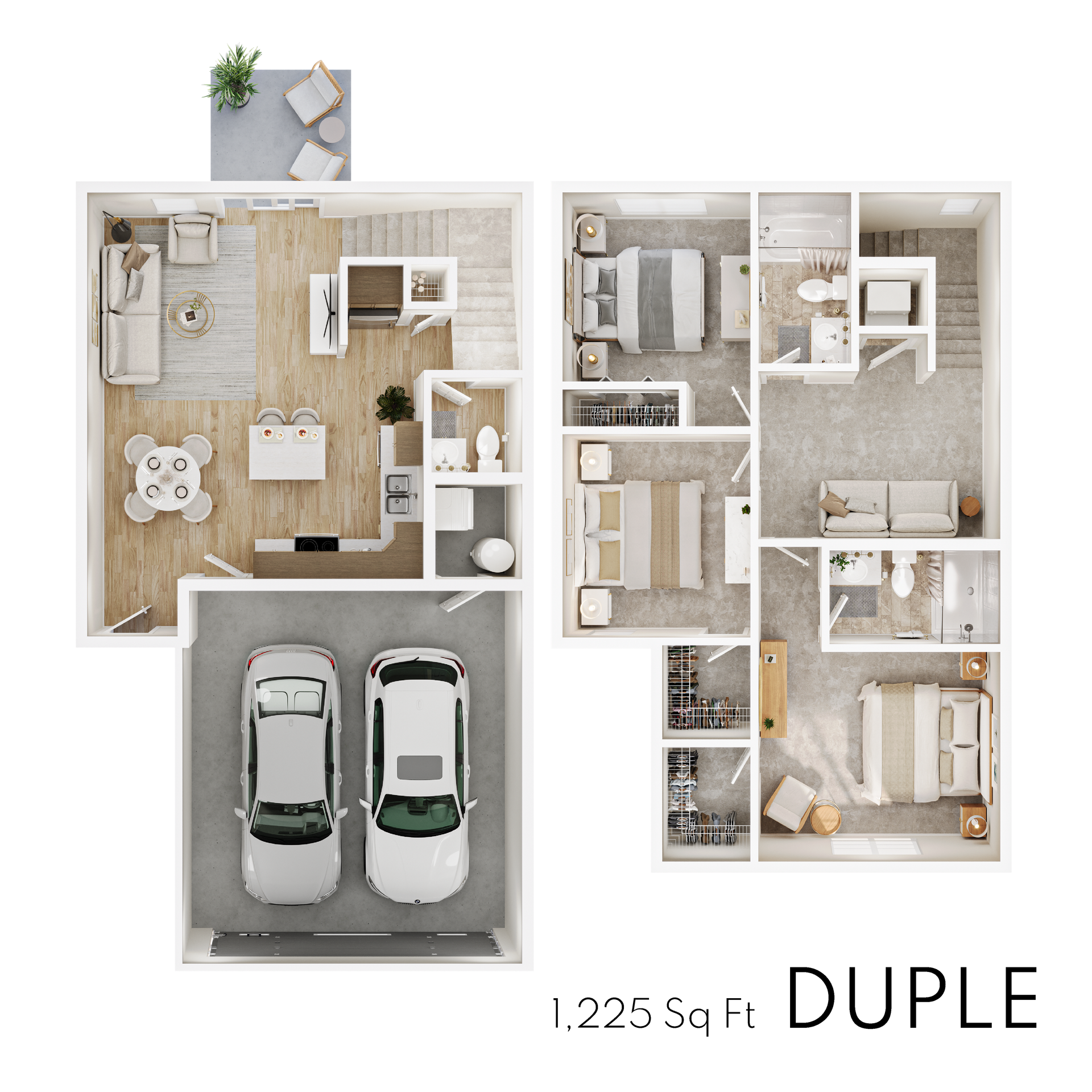 Duple floor plan with 1,225 square feet