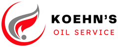 A logo for koehn 's oil service with a red flame in a circle.