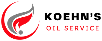 A logo for koehn 's oil service with a red flame in a circle.