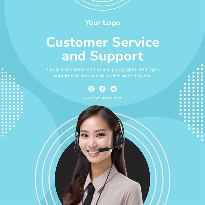 A woman wearing a headset is standing in front of a sign that says customer service and support.