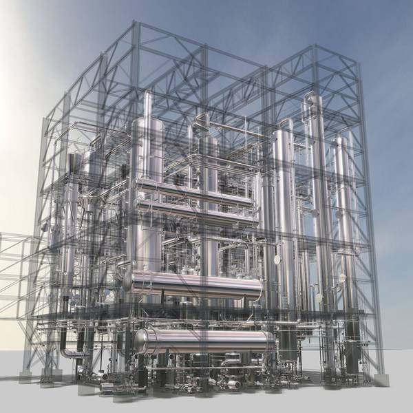 Ein 3D-Modell einer Fabrik mit einem blauen Himmel im Hintergrund