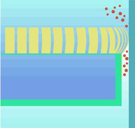 Ein blauer Hintergrund mit gelben Streifen und roten Punkten darauf.