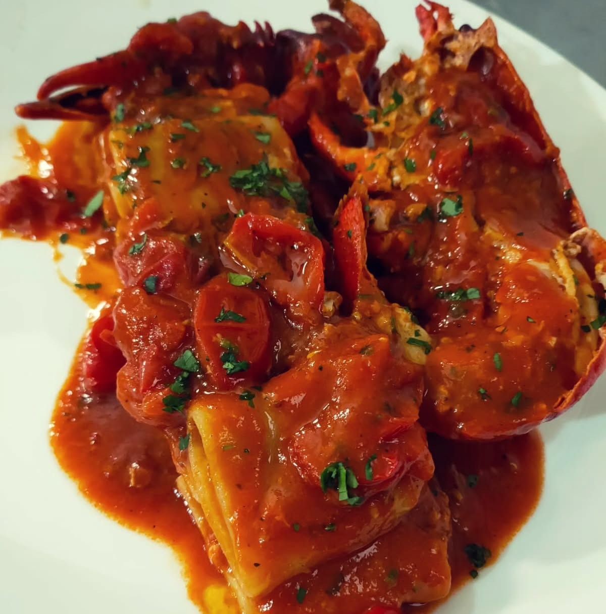 Piatto di pasta e aragosta in salsa di pomodoro, guarnito con prezzemolo, servito su un piatto bianco.