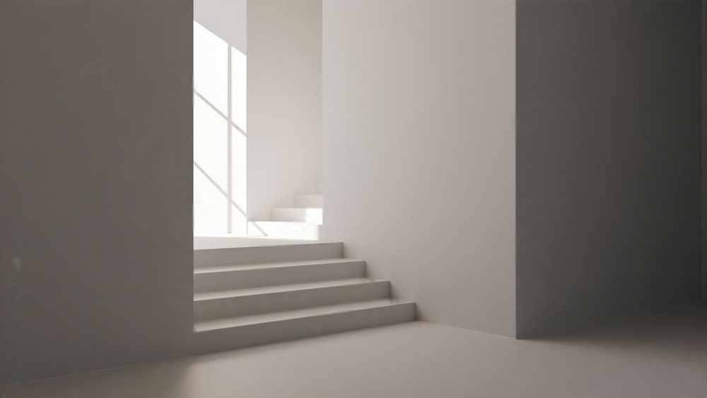 Een minimalistische, monochrome binnenruimte met een korte trap die leidt naar een lichte ruimte met grote ramen.