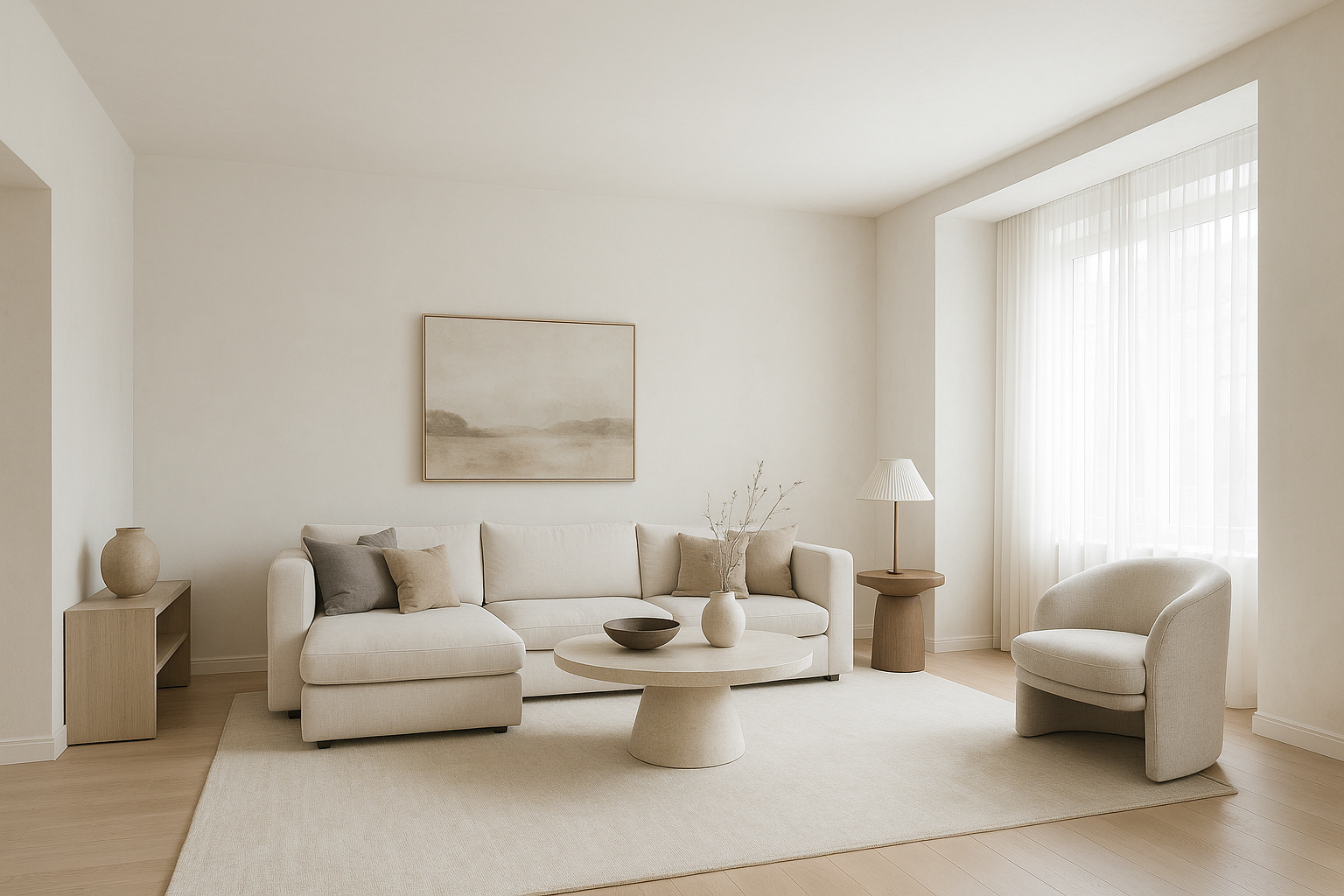 Een minimalistische woonkamer met een beige hoekbank, een gebogen fauteuil, een salontafel en muurdecoratie in neutrale tinten.