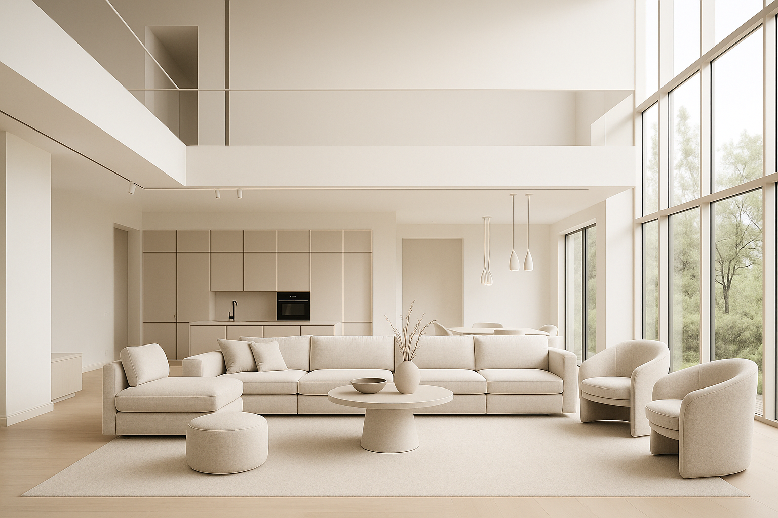 Moderne, minimalistische woonkamer met een beige hoekbank, fauteuils en een salontafel in een lichte, open ruimte.