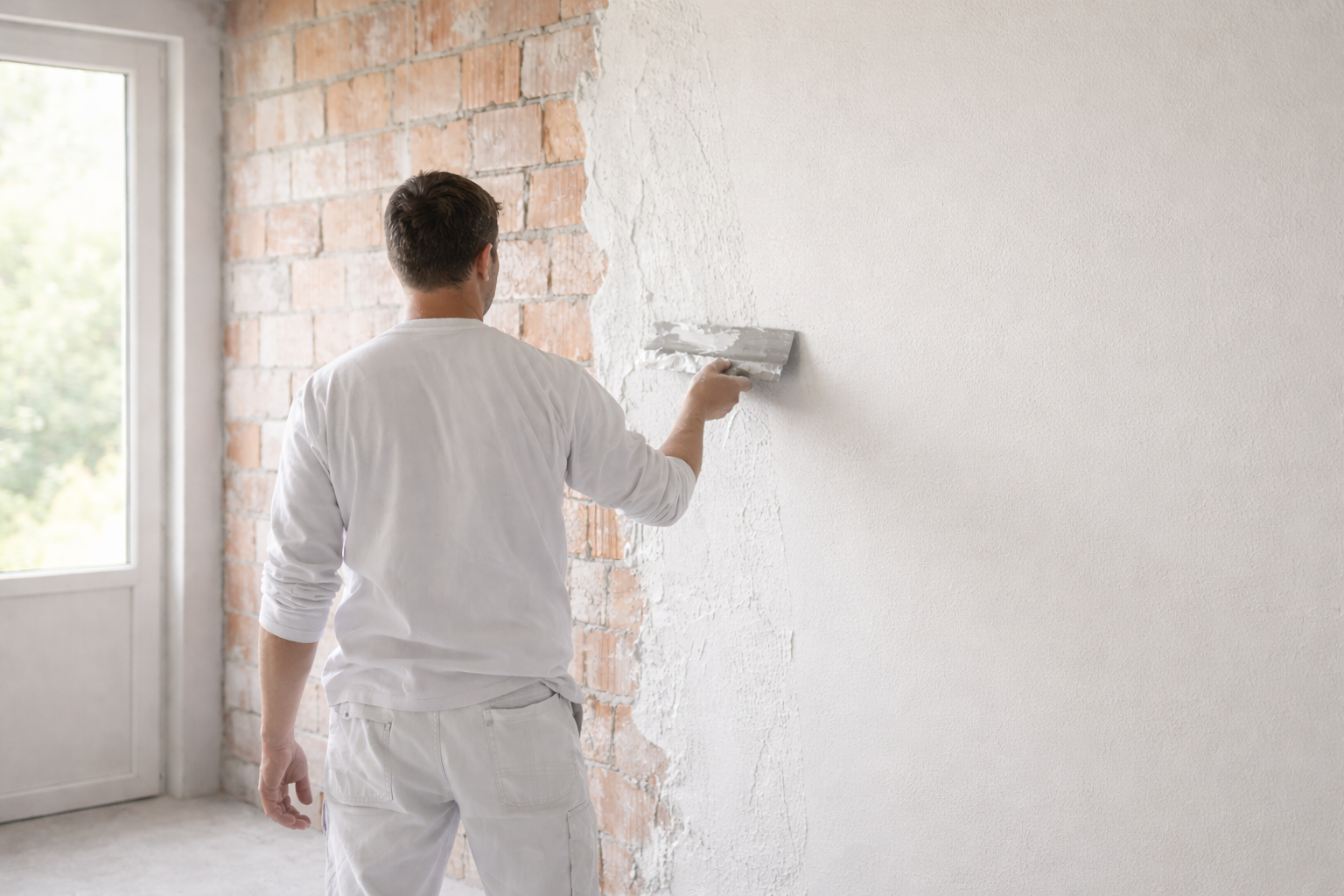 Een persoon in witte kleding gebruikt een metalen troffel om pleister aan te brengen op een bakstenen muur.