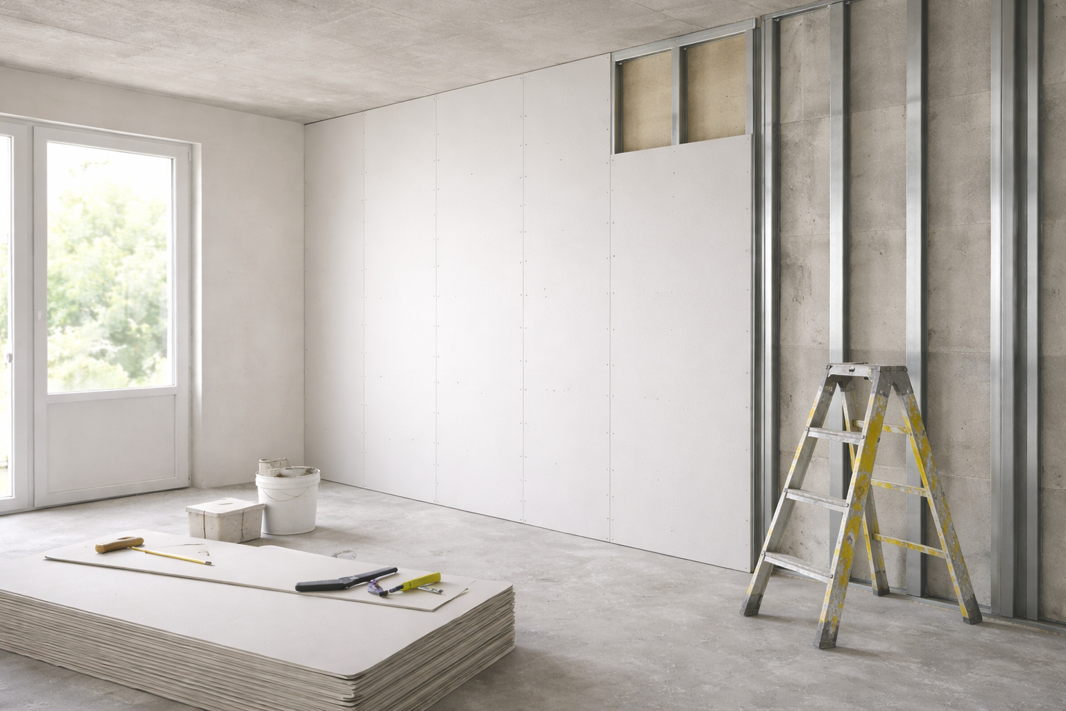 Een onafgewerkte kamer met metalen muurprofielen, reeds geplaatste gipsplaten, een trapladder en bouwmaterialen op de vloer.