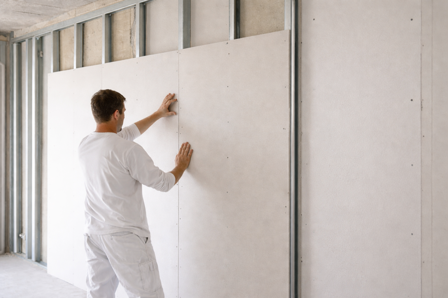 Een persoon in witte werkkleding bevestigt een gipsplaat aan een metalen frame in een onafgewerkte ruimte.