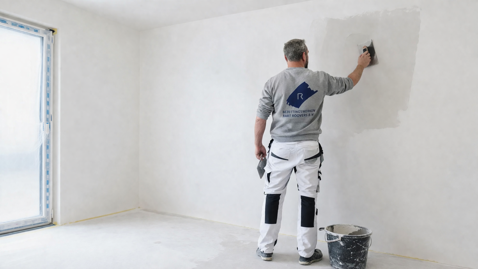 Bezetter die een witte muur aan het bepleisteren is