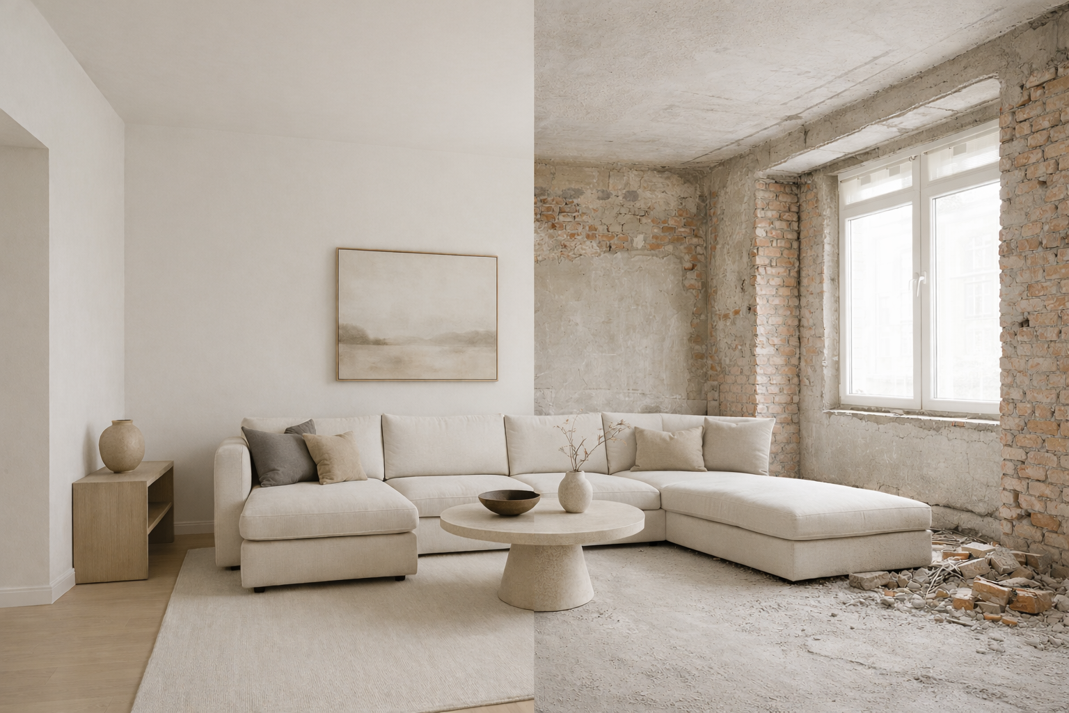 Een interieurfoto met twee aanzichten: links een afgewerkte woonkamer in neutrale tinten en rechts de onafgewerkte, ruwe stenen ruimte.