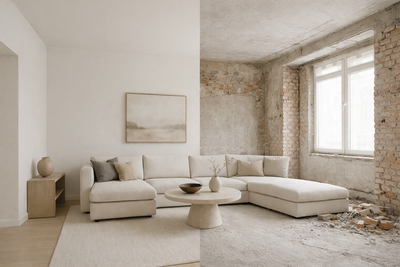 Minimalistische beige woonkamer met hoekbank, abstracte kunst en een licht raam.
