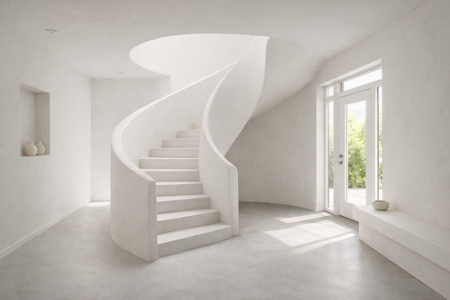 Een witte wenteltrap staat in een minimalistische, lichtrijke entree met een glazen deur en een ingebouwde nis in de muur.