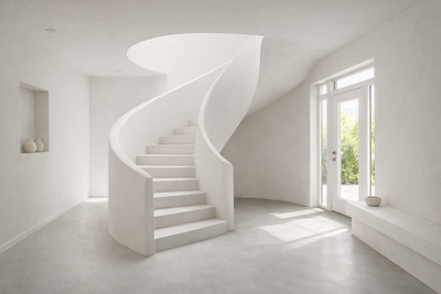 Een lichte, witte kamer met een sculpturale wenteltrap en een raam waar de zon op schijnt.