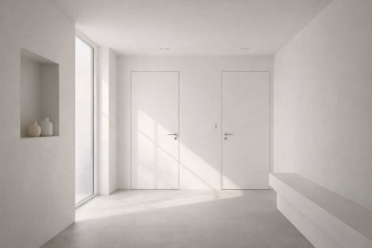 Een minimalistische, zonnige witte hal met twee naadloze binnendeuren, een decoratieve nis aan de zijkant en een ingebouwde bank.