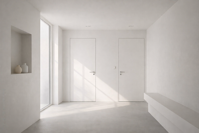 Minimalistische witte hal met twee deuren, waar het zonlicht van links naar binnen stroomt.