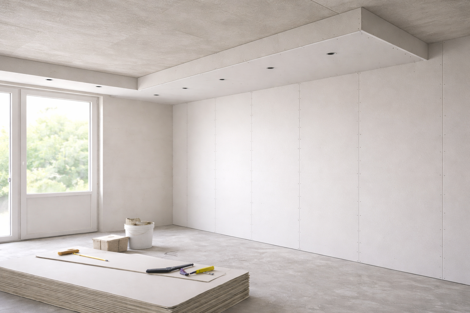 Een onafgewerkte ruimte met witte gipsplaten aan de muur, een betonnen plafond met inbouwverlichting en bouwgereedschap.