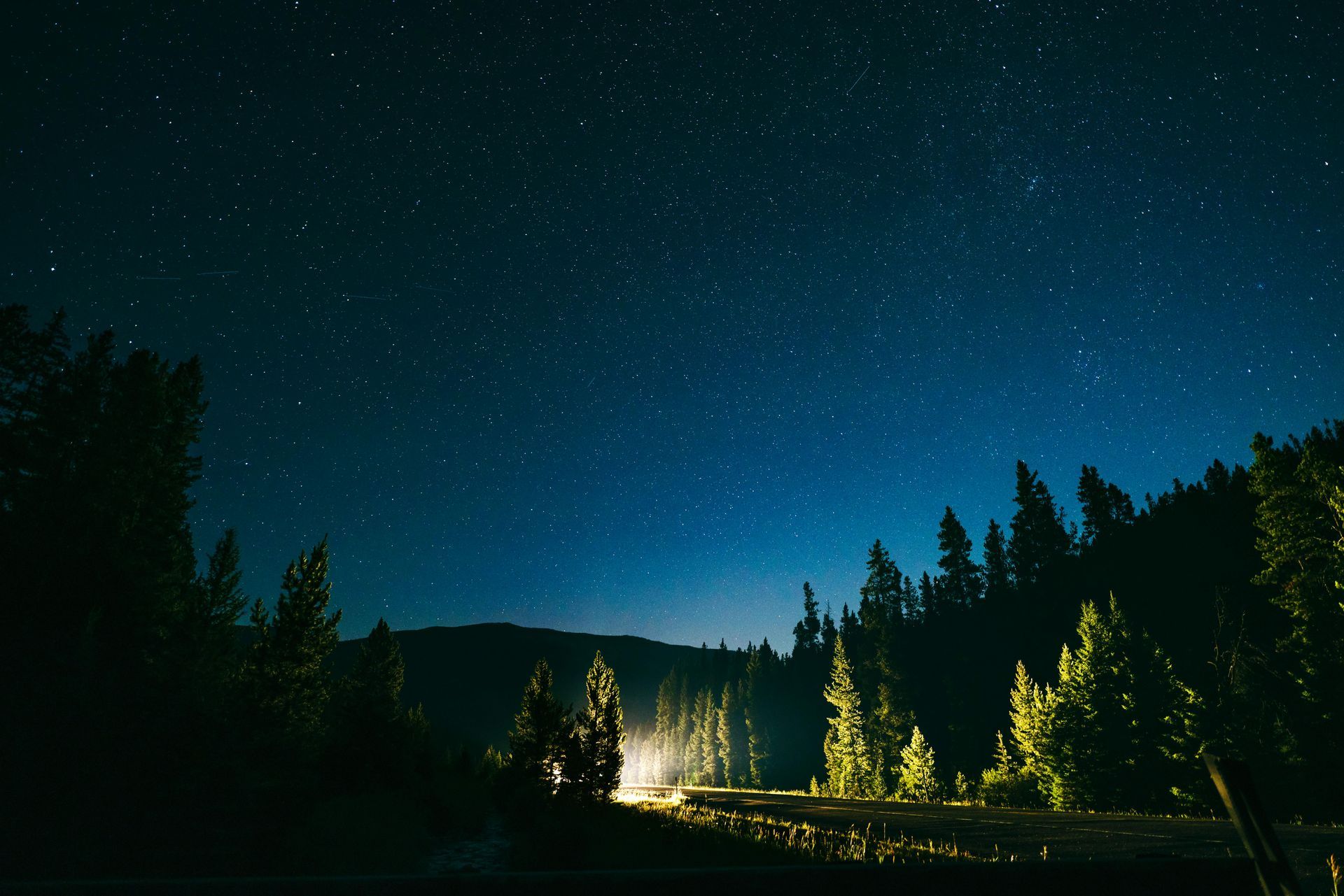 Night sky over a road in the forest; stars visible, with bright lights in the distance.