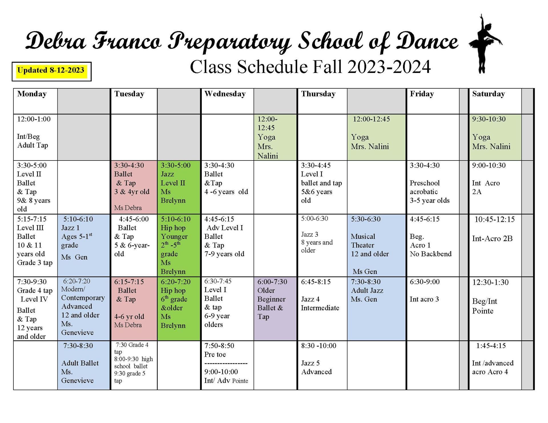 class schedule for fall