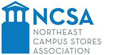 The logo for the northeast campus stores association is blue and white.
